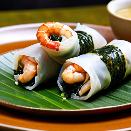 **A vibrant and colorful Vietnamese vegetarian spring roll ("Gỏi Cuốn Hải Sản Chay") filled with mushrooms shaped like shrimp, tofu, fresh herbs, and seaweed, displayed on a traditional Vietnamese plate. The dipping sauce should be visible.**