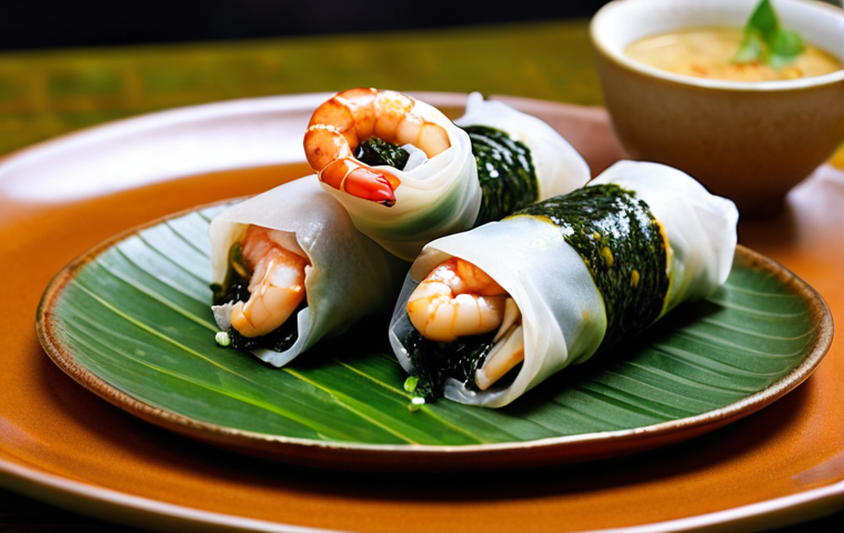 **A vibrant and colorful Vietnamese vegetarian spring roll ("Gỏi Cuốn Hải Sản Chay") filled with mushrooms shaped like shrimp, tofu, fresh herbs, and seaweed, displayed on a traditional Vietnamese plate. The dipping sauce should be visible.**