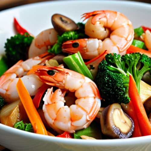 ** Plant-based shrimp stir-fry with colorful vegetables and mushrooms in a Vietnamese kitchen setting. Close-up shot emphasizing the texture and vibrant colors.

**