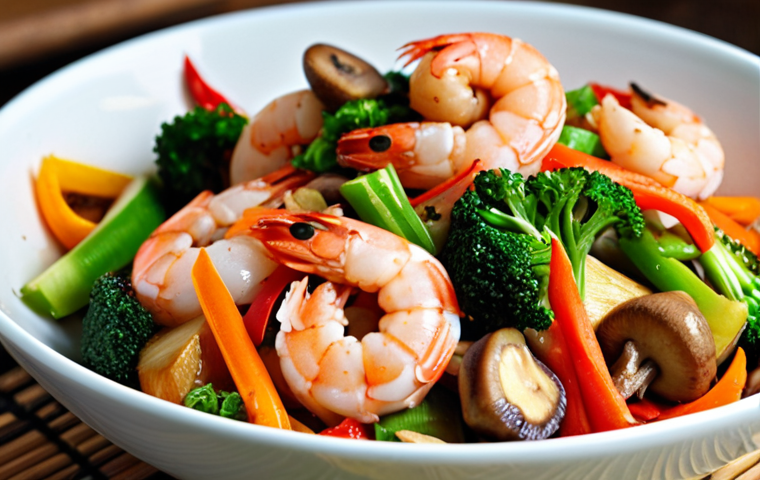 ** Plant-based shrimp stir-fry with colorful vegetables and mushrooms in a Vietnamese kitchen setting. Close-up shot emphasizing the texture and vibrant colors.
**