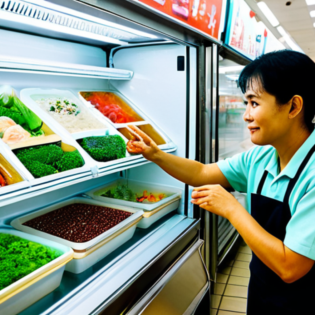A diverse group of Vietnamese individuals, including men and women of various ages, fully clothed in modest, everyday attire, are depicted in two distinct settings illustrating traditional distribution channels for plant-based seafood. One scene features them in a brightly lit, modern Vietnamese supermarket's frozen food aisle, resembling a store like WinMart or Aeon Mall, where various plant-based seafood products are clearly visible in freezers. The other scene shows customers interacting with a friendly vendor at a clean, well-organized traditional Vietnamese food stall, perhaps specializing in healthy or vegetarian options, with various packaged plant-based items on display. The overall atmosphere is inviting and professional, highlighting consumer choice and healthy eating. Perfect anatomy, correct proportions, natural pose, well-formed hands, proper finger count. Professional photography, high quality, realistic, safe for work, appropriate content, family-friendly.