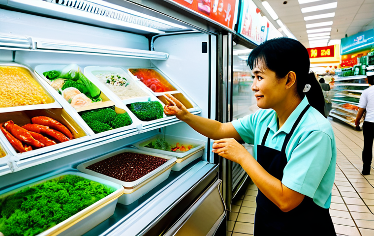 A diverse group of Vietnamese individuals, including men and women of various ages, fully clothed in modest, everyday attire, are depicted in two distinct settings illustrating traditional distribution channels for plant-based seafood. One scene features them in a brightly lit, modern Vietnamese supermarket's frozen food aisle, resembling a store like WinMart or Aeon Mall, where various plant-based seafood products are clearly visible in freezers. The other scene shows customers interacting with a friendly vendor at a clean, well-organized traditional Vietnamese food stall, perhaps specializing in healthy or vegetarian options, with various packaged plant-based items on display. The overall atmosphere is inviting and professional, highlighting consumer choice and healthy eating. Perfect anatomy, correct proportions, natural pose, well-formed hands, proper finger count. Professional photography, high quality, realistic, safe for work, appropriate content, family-friendly.