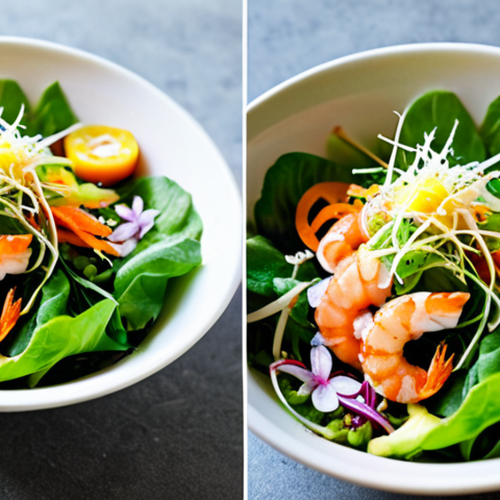 식물성 해산물 레시피 해산물 샐러드 만들기 - Vibrant Salad Bowl**
"Close-up of a colorful Vietnamese seafood salad bowl. Konjac shrimp, carrot "...
