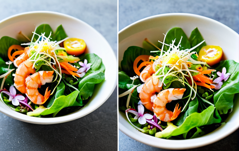 식물성 해산물 레시피 해산물 샐러드 만들기 - Vibrant Salad Bowl**
"Close-up of a colorful Vietnamese seafood salad bowl. Konjac shrimp, carrot "...