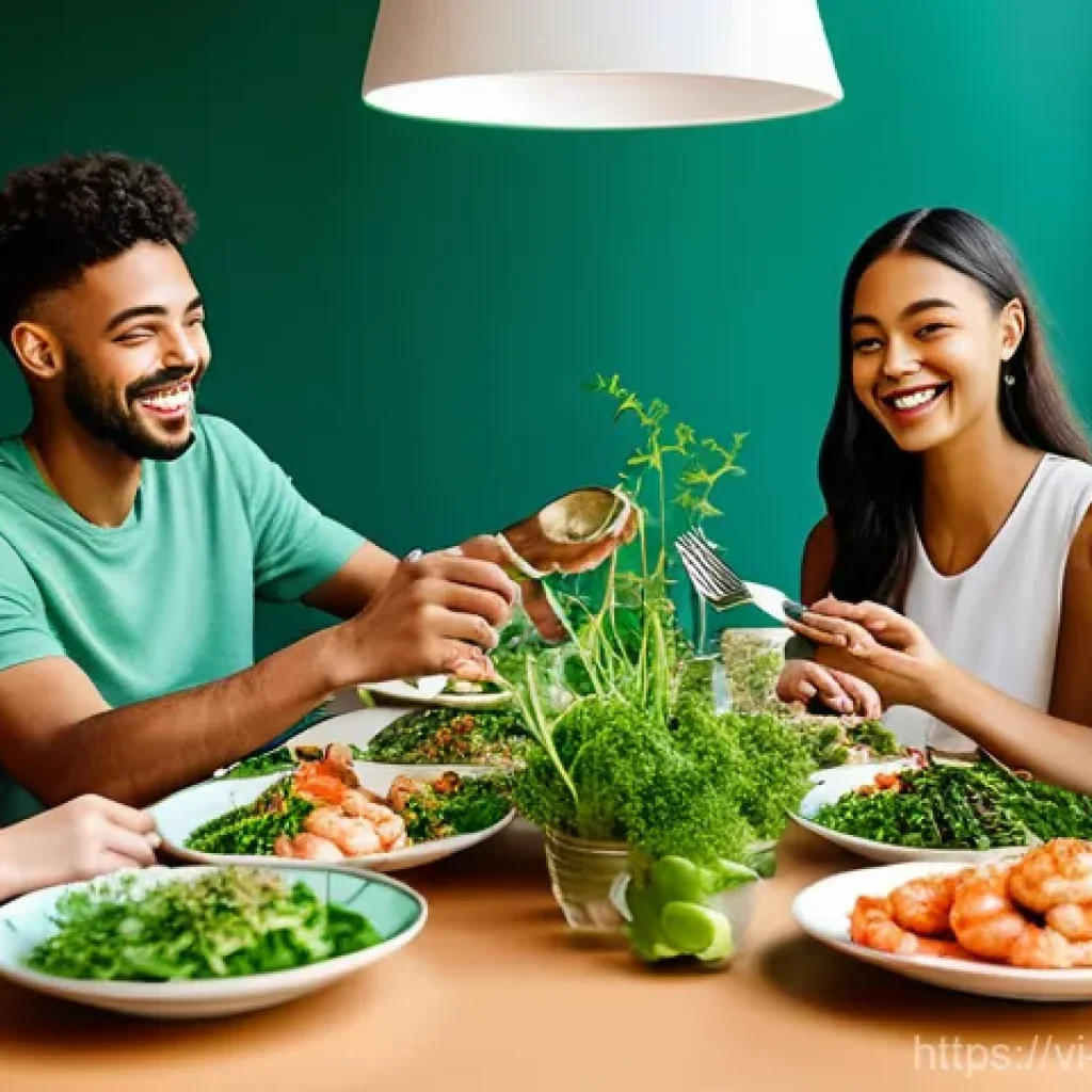 식물성 해산물의 글로벌 유통 네트워크 - **Prompt:** A group of diverse, casually dressed Gen Z friends in a brightly lit, modern caf&eacute;, happi...