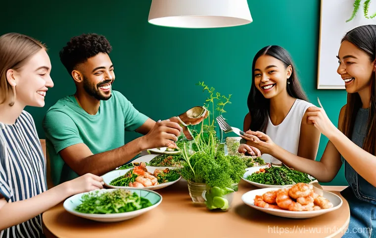 식물성 해산물의 글로벌 유통 네트워크 - **Prompt:** A group of diverse, casually dressed Gen Z friends in a brightly lit, modern café, happi...
