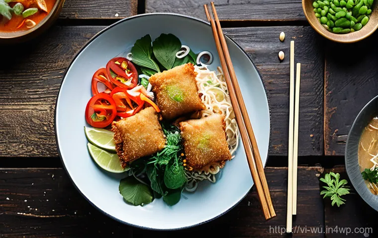 식물성 해산물의 시장 진입 전략 - **Prompt 1: A Vibrant Vietnamese Plant-Based Feast**
A close-up, high-resolution food photograph...