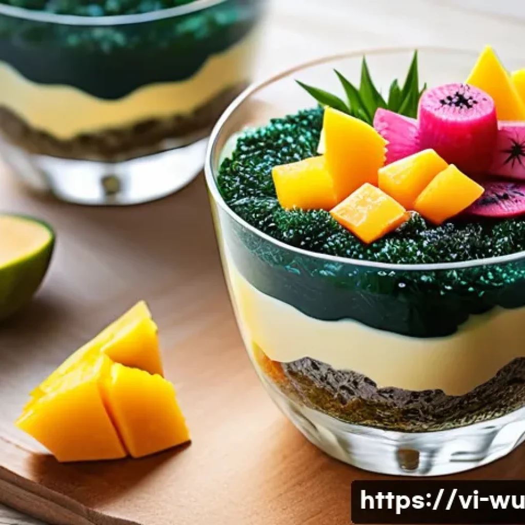 식물성 해산물로 만드는 건강한 디저트 - A vibrant and colorful dessert scene featuring a glass bowl of seaweed jelly pudding made from nori ...