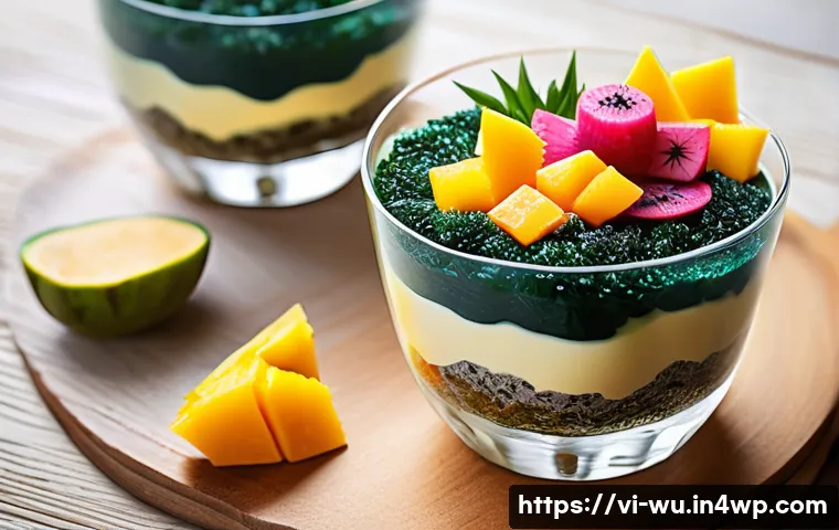 식물성 해산물로 만드는 건강한 디저트 - A vibrant and colorful dessert scene featuring a glass bowl of seaweed jelly pudding made from nori ...