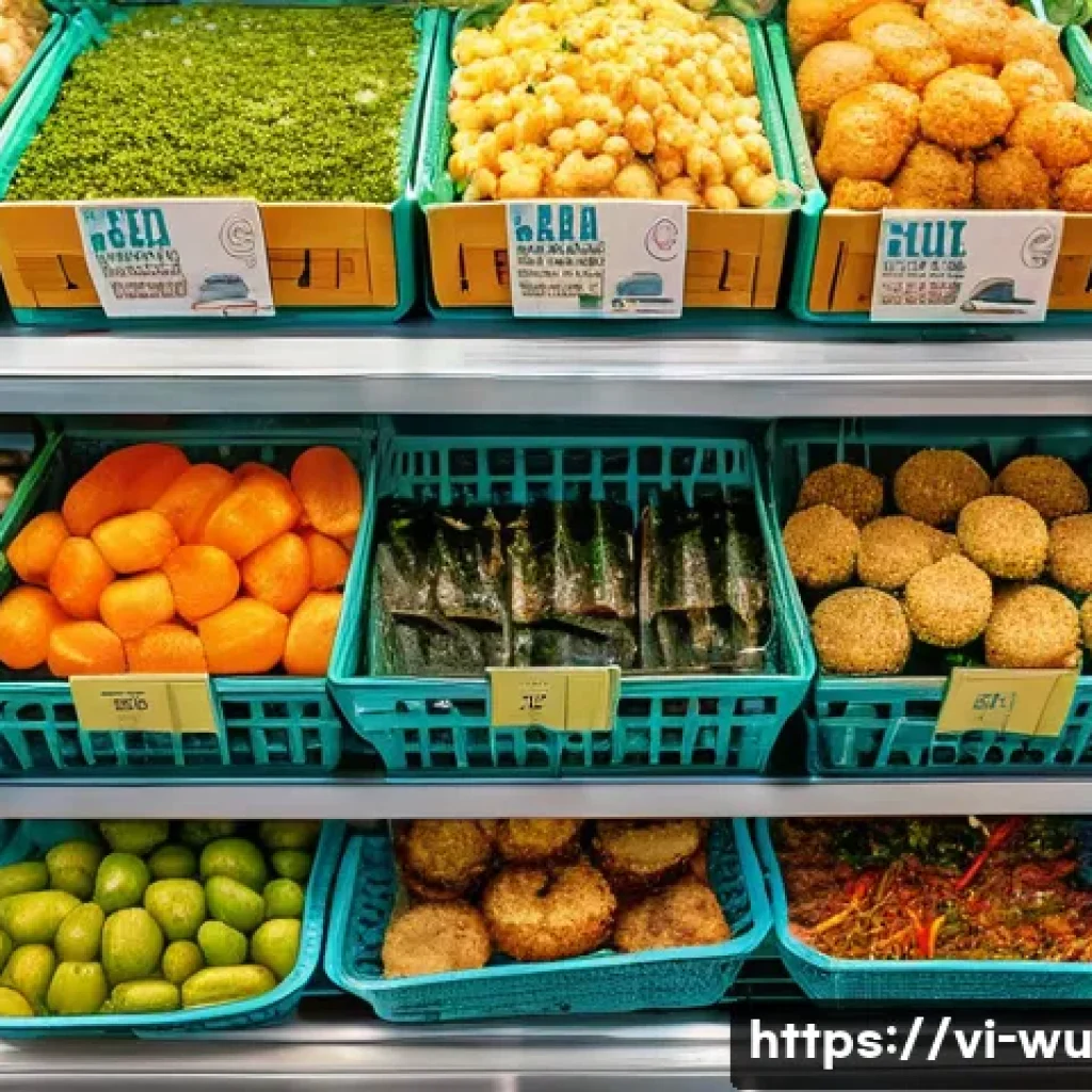 식물성 해산물의 진화 과거와 현재 - A vibrant supermarket shelf in Vietnam featuring a diverse selection of plant-based seafood products...
