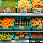 Home 22 식물성 해산물의 진화 과거와 현재 - A vibrant supermarket shelf in Vietnam featuring a diverse selection of plant-based seafood products...