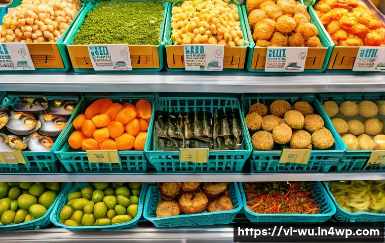식물성 해산물의 진화 과거와 현재 - A vibrant supermarket shelf in Vietnam featuring a diverse selection of plant-based seafood products...