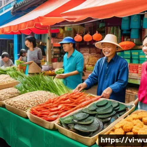 Home 33 식물성 해산물의 친환경 소비자 인식 조사 - A vibrant Vietnamese market scene showcasing a diverse array of plant-based seafood alternatives dis...