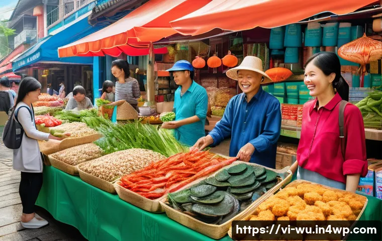 식물성 해산물의 친환경 소비자 인식 조사 - A vibrant Vietnamese market scene showcasing a diverse array of plant-based seafood alternatives dis...