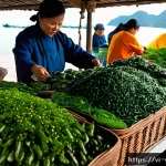 Home 20 식물성 해산물의 장기 보관 방법 - A vibrant Vietnamese market stall displaying fresh sea vegetables such as bright green seaweed, brow...
