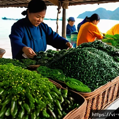 Home 32 식물성 해산물의 장기 보관 방법 - A vibrant Vietnamese market stall displaying fresh sea vegetables such as bright green seaweed, brow...
