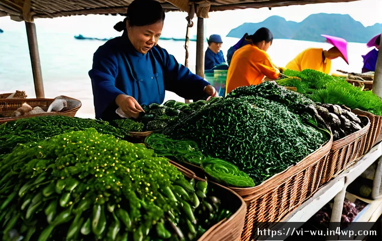 식물성 해산물의 장기 보관 방법 - A vibrant Vietnamese market stall displaying fresh sea vegetables such as bright green seaweed, brow...