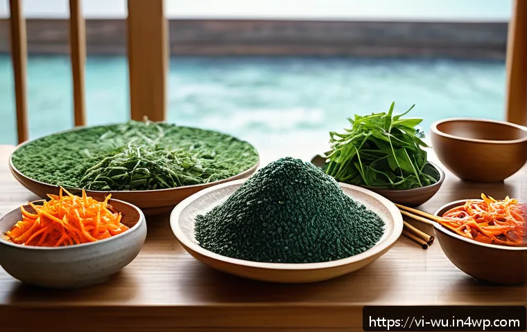 식물성 해산물의 대체 단백질 원천 조사 - A vibrant Vietnamese kitchen scene showcasing a variety of plant-based seafood ingredients: fresh se...