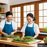 Home 18 식물성 해산물의 사용을 늘리기 위한 캠페인 - A vibrant Vietnamese kitchen scene showcasing a family preparing and enjoying plant-based seafood di...