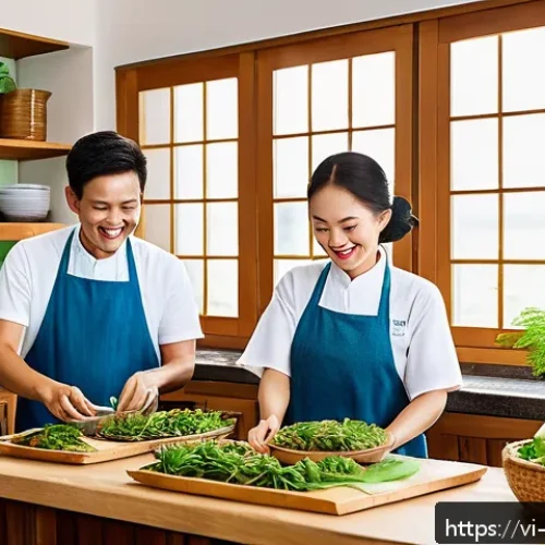 Home 30 식물성 해산물의 사용을 늘리기 위한 캠페인 - A vibrant Vietnamese kitchen scene showcasing a family preparing and enjoying plant-based seafood di...