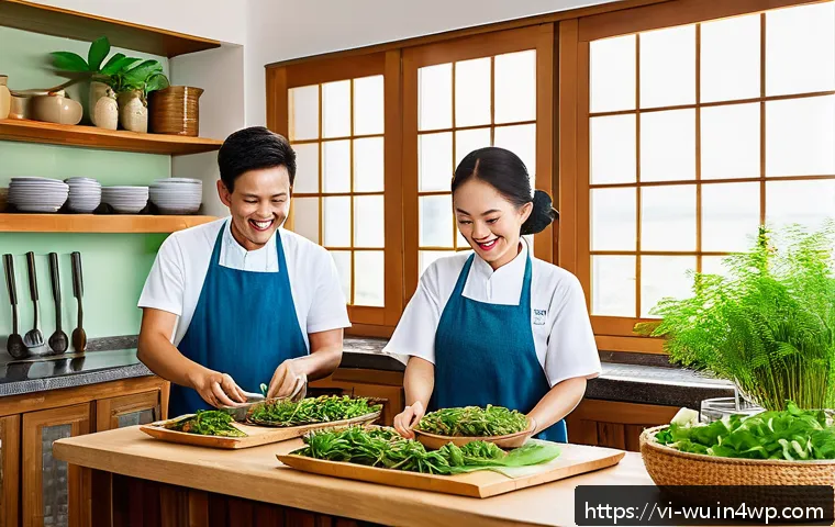 식물성 해산물의 사용을 늘리기 위한 캠페인 - A vibrant Vietnamese kitchen scene showcasing a family preparing and enjoying plant-based seafood di...