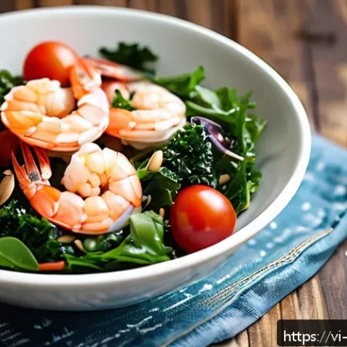 Home 17 식물성 해산물의 영양소 성분 분석 - A vibrant Vietnamese seafood salad bowl featuring fresh shrimp, kale, cherry tomatoes, and sunflower...