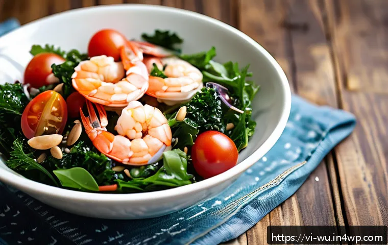 식물성 해산물의 영양소 성분 분석 - A vibrant Vietnamese seafood salad bowl featuring fresh shrimp, kale, cherry tomatoes, and sunflower...