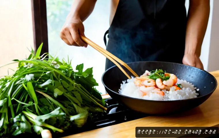 Home 17 식물성 해산물의 조리법 및 팁 공유 - Photorealistic Vietnamese home kitchen scene, a cook sautéing plant-based shrimp made from king oyst...