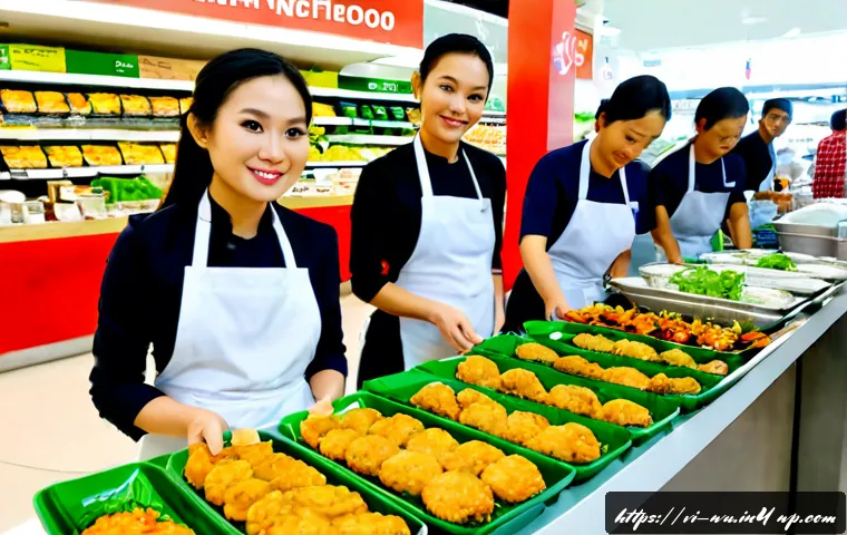 Home 17 식물성 해산물의 시식 행사 및 마케팅 - Photorealistic plant-based seafood tasting event in a bright modern Vietnamese supermarket, friendly...